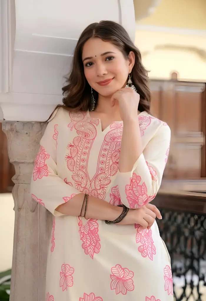 Chikankari Style Print Cream & Pink Floral Kurta