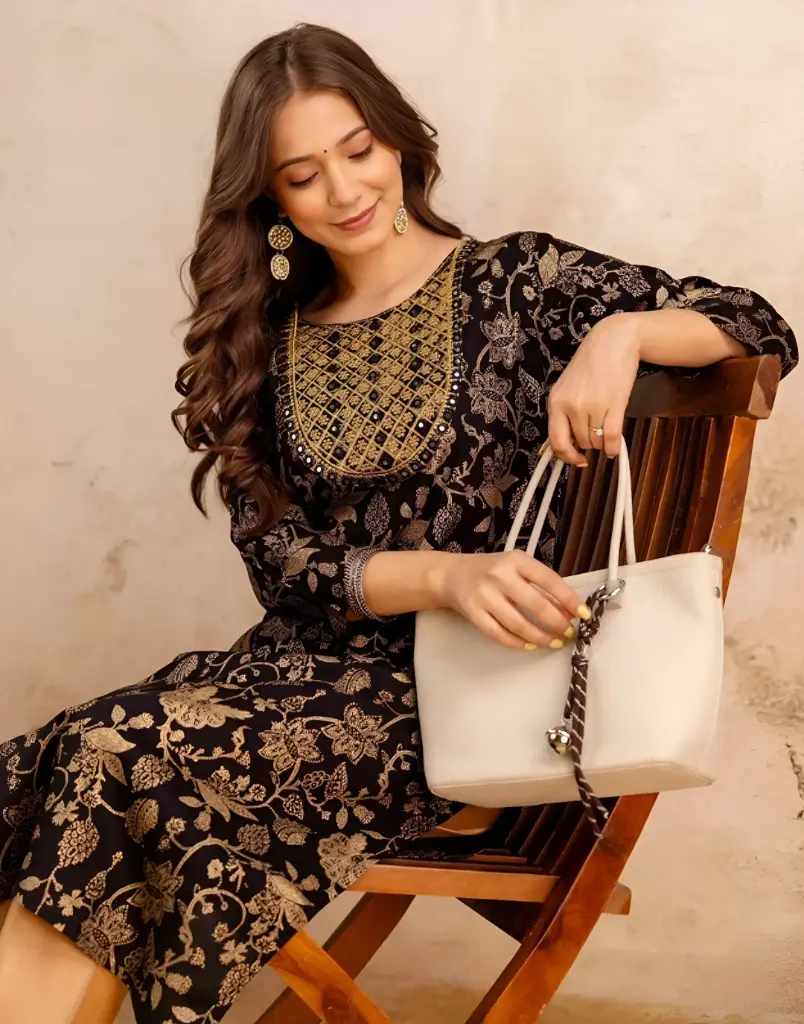 Elegance Black & Gold Floral Jacquard Straight Kurta