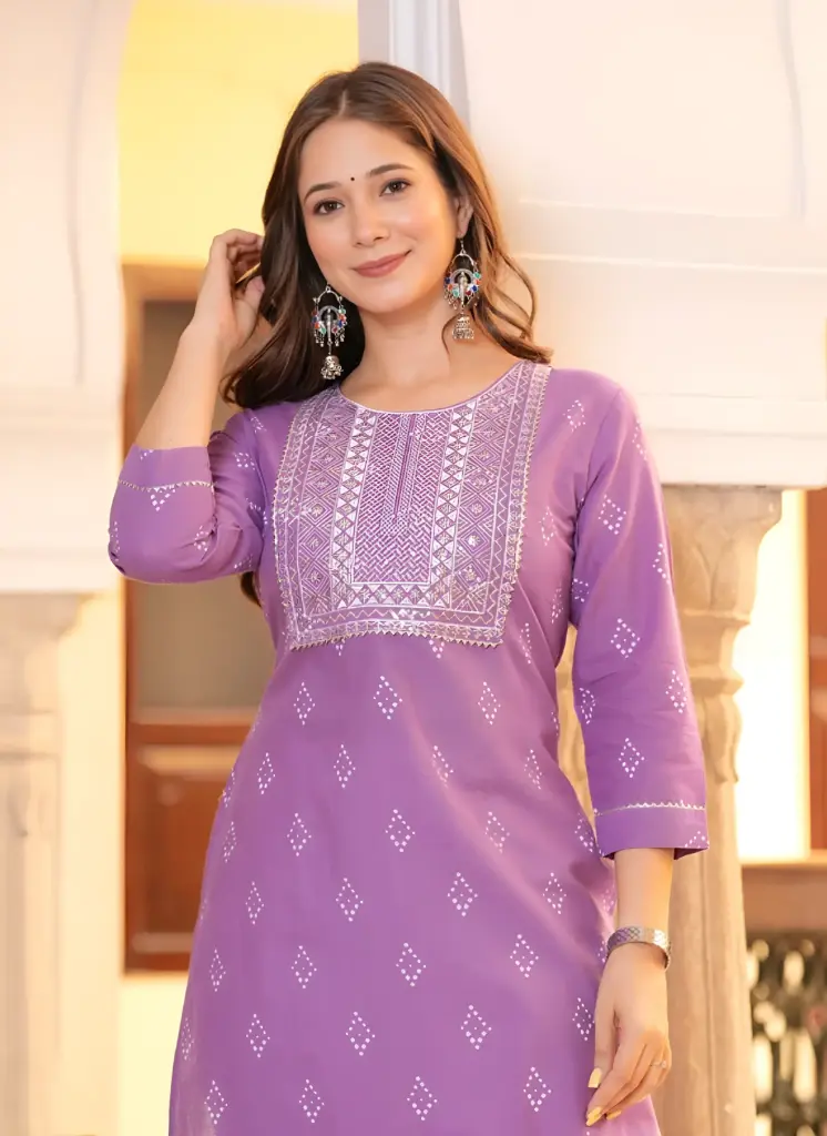 Elegant Purple Rayon Kurta with Silver Embroidered Yoke