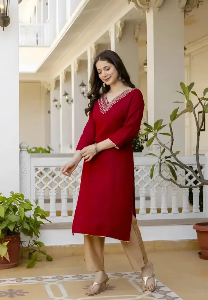 Elegant Maroon Rayon Kurta with Embroidered Yoke