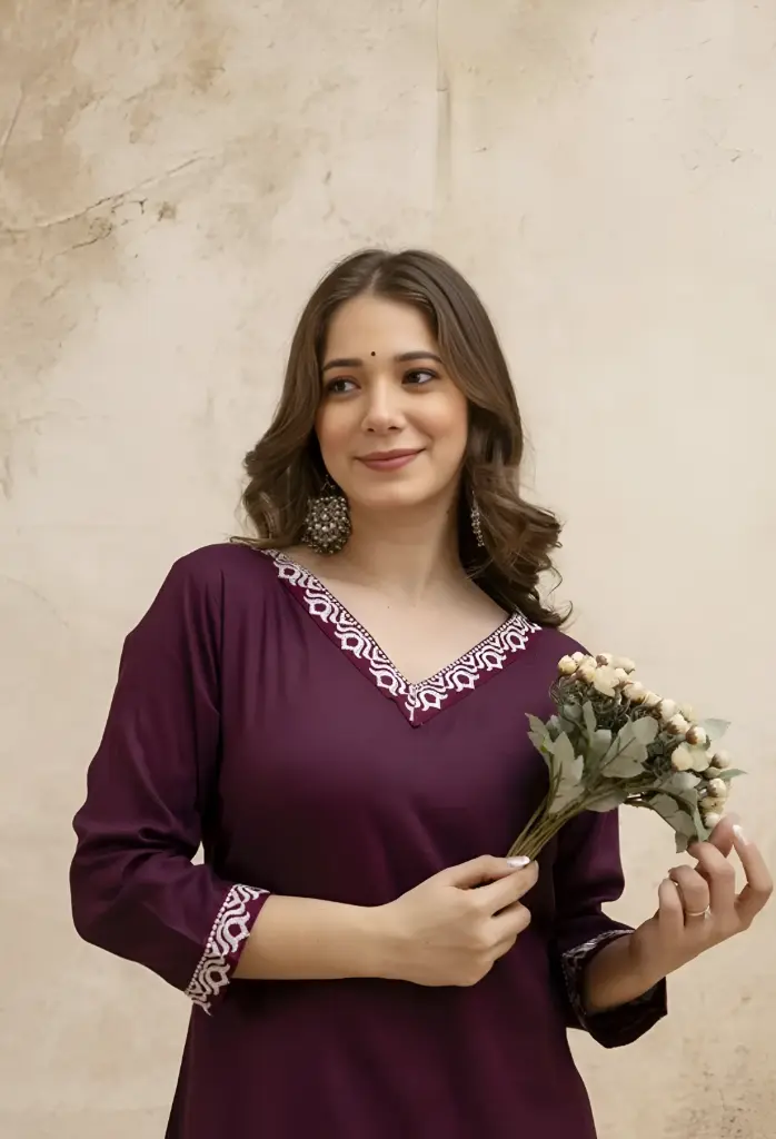 Deep Plum V-Neck Kurta with Intricate White Embroidery Trim