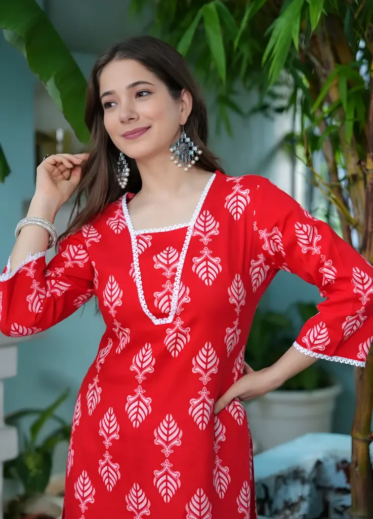 Vibrant Red & White Printed Cotton Kurta