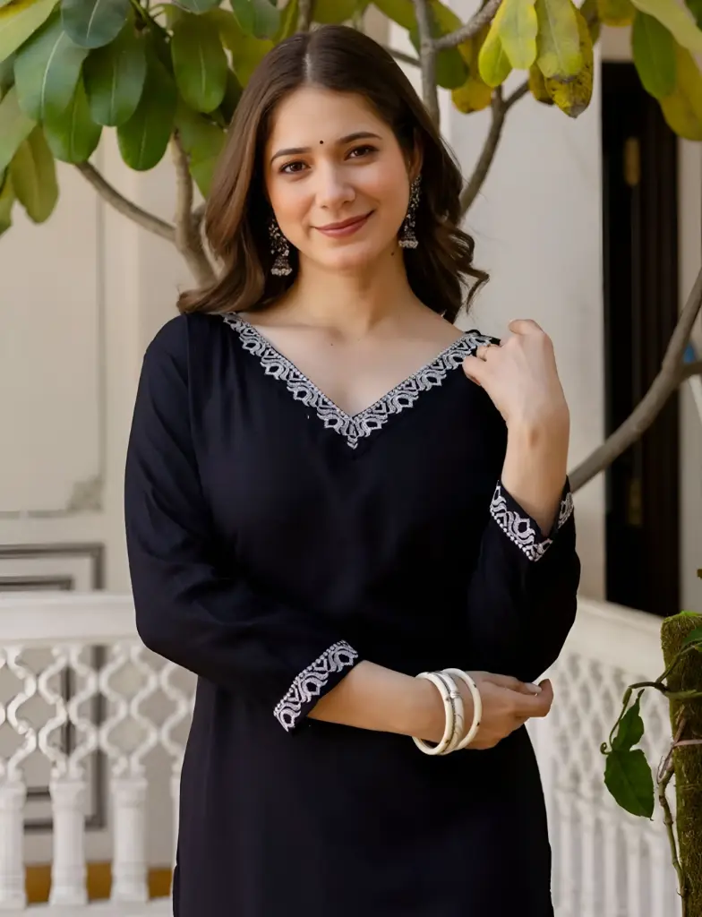 Elegant Black Straight Kurta with White Embroidered Trim