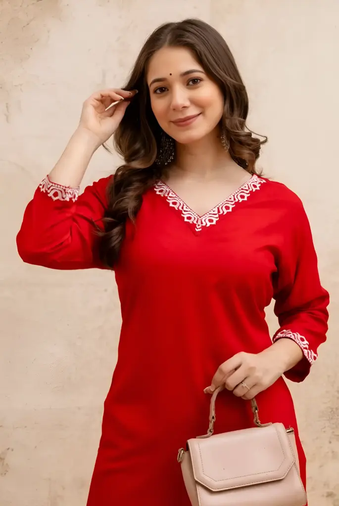 Chikankari-Inspired Scarlet Red V-Neck Kurta